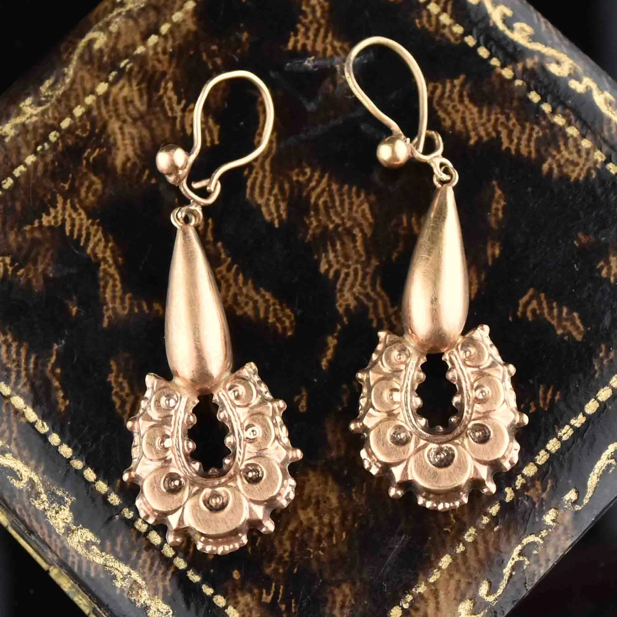 Antique Long Carved Horseshoe 9K Rose Gold Earrings