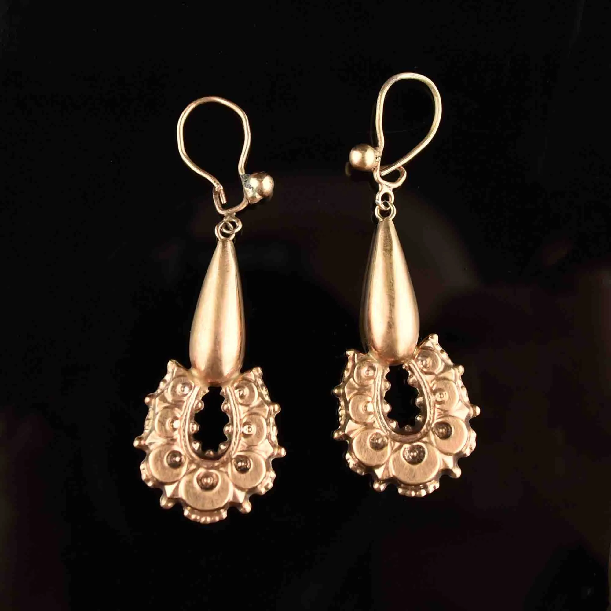 Antique Long Carved Horseshoe 9K Rose Gold Earrings