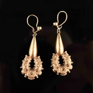 Antique Long Carved Horseshoe 9K Rose Gold Earrings