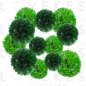 CC wonderland zone Paper Pom Poms Party Kit,Tissue Pom Poms Decorations,Paper Flower Ball,Theme Party Decorations(Green,Dark Green,12 PCS)