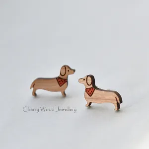 Dachshund Dog Cherry Wood Stud Earrings - EL10025