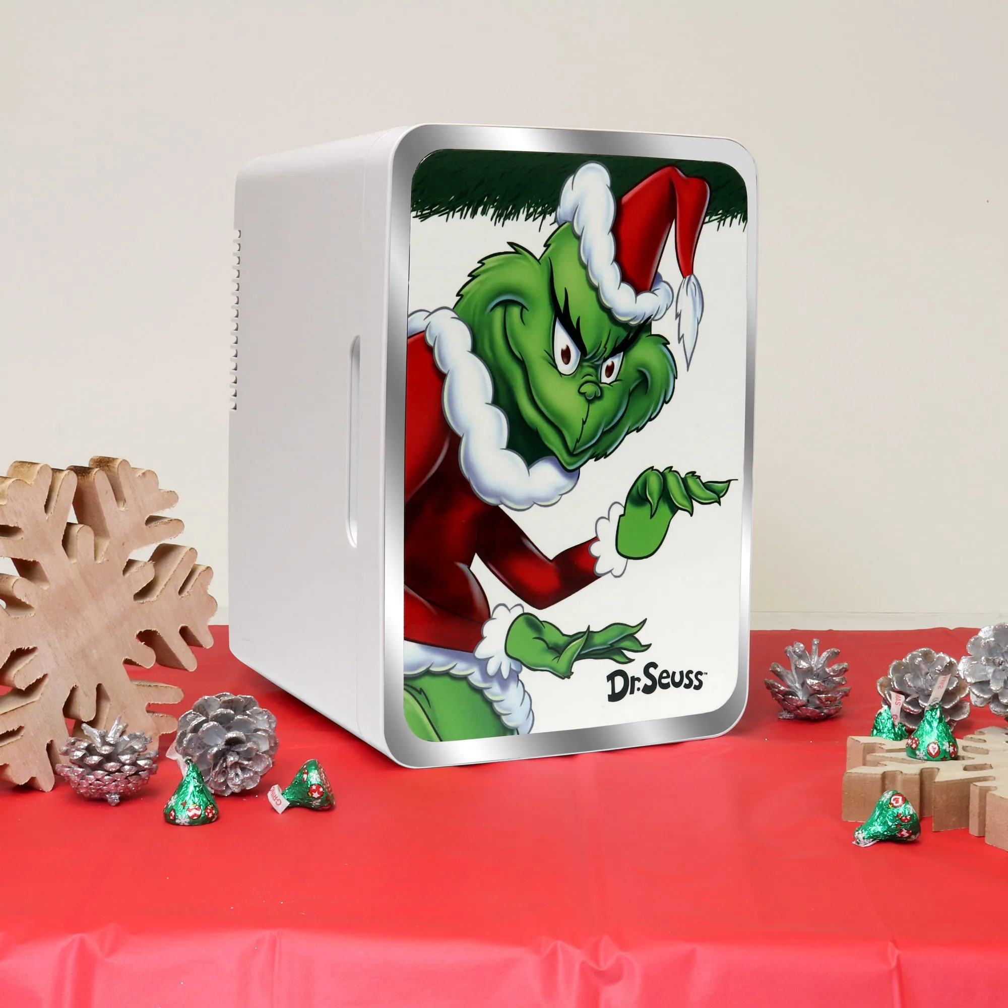 Dr. Seuss Grinch 6L Mini Fridge, 8-Can Portable Cooler w/ 12 Volt and 110 Volt Cords, Personal Treat Refrigerator for Home, Travel, Hotel, Dorm, Office