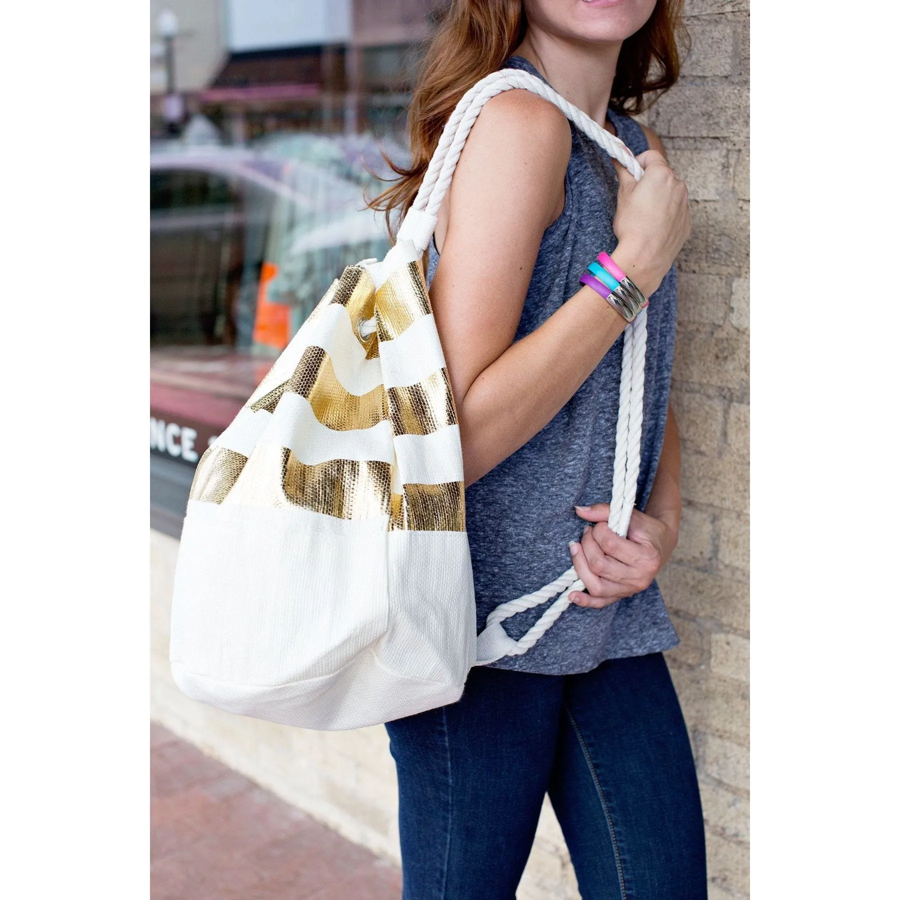 Metallic Gold Striped Eco-Friendly Bucket Bag