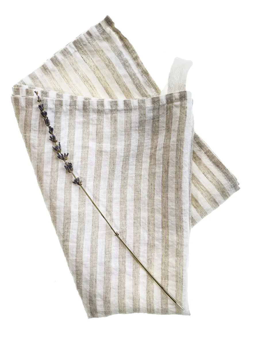 Natural wide stripe linen tea towel