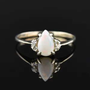 Vintage 14K White Gold Diamond Pear Cut Opal Ring